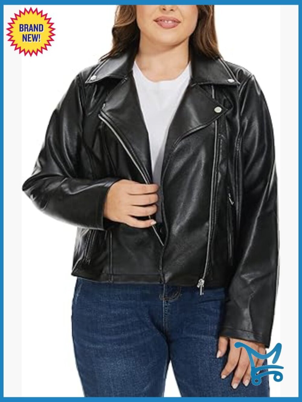 Faux Leather Moto Jacket, Zip Up, Fitted Plus Size Coat